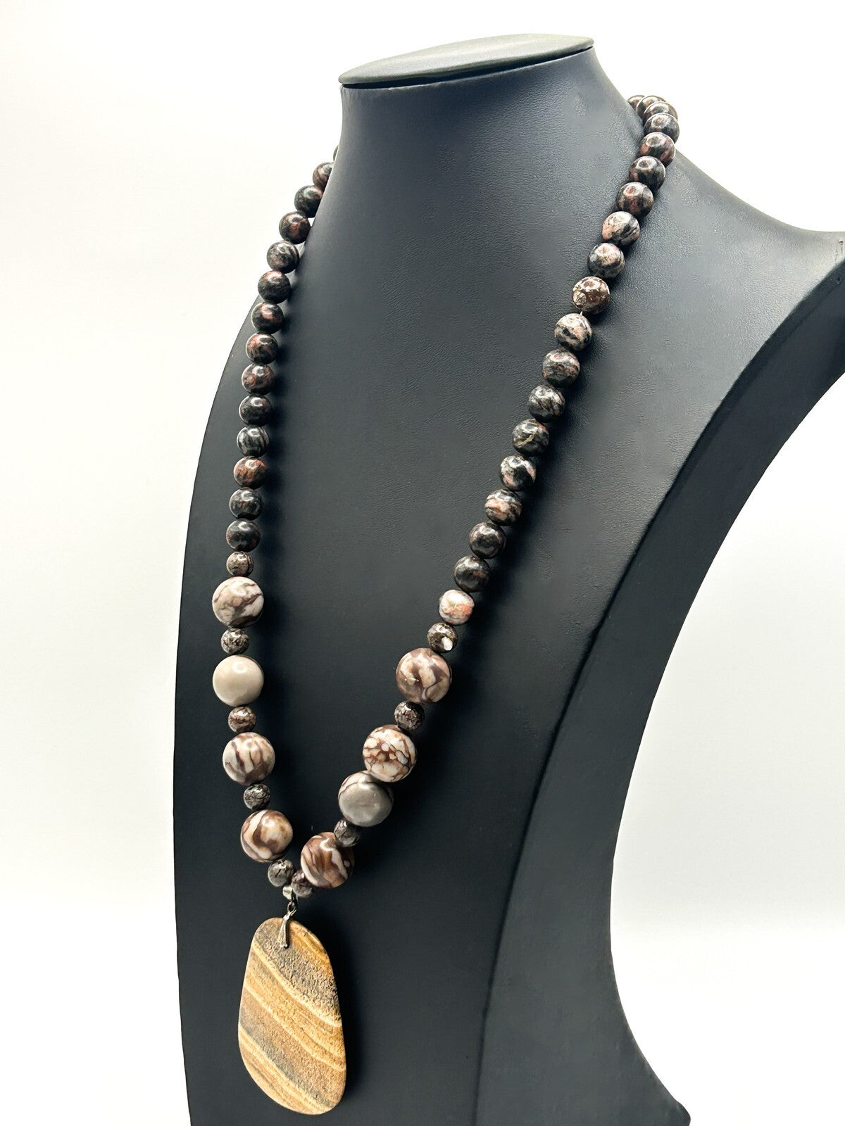 Picture Jasper Pendant Necklace – 925 Sterling Silver Bale – 26” Gemstone Boho