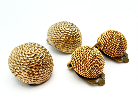 Vintage Gold Tone Rope Swirl Twist Clip On Earrings Dome Textured Retro 1980s