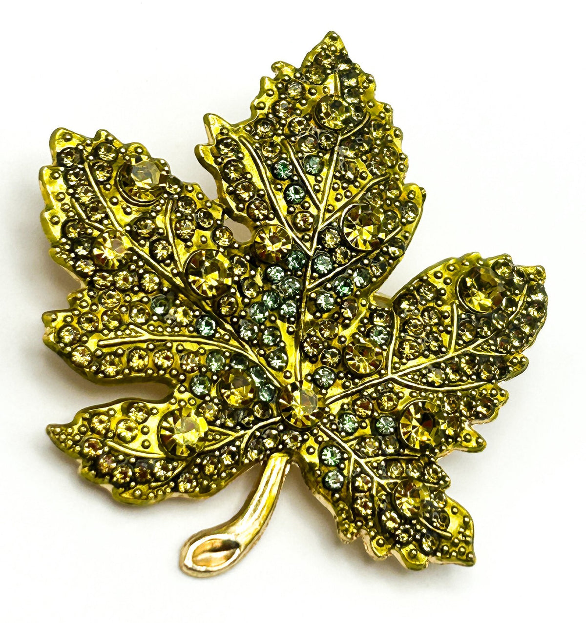 Vintage Maple Leaf Brooch Gold Tone Green Rhinestone Leaf Pin