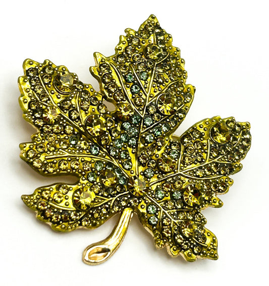 Vintage Maple Leaf Brooch Gold Tone Green Rhinestone Leaf Pin
