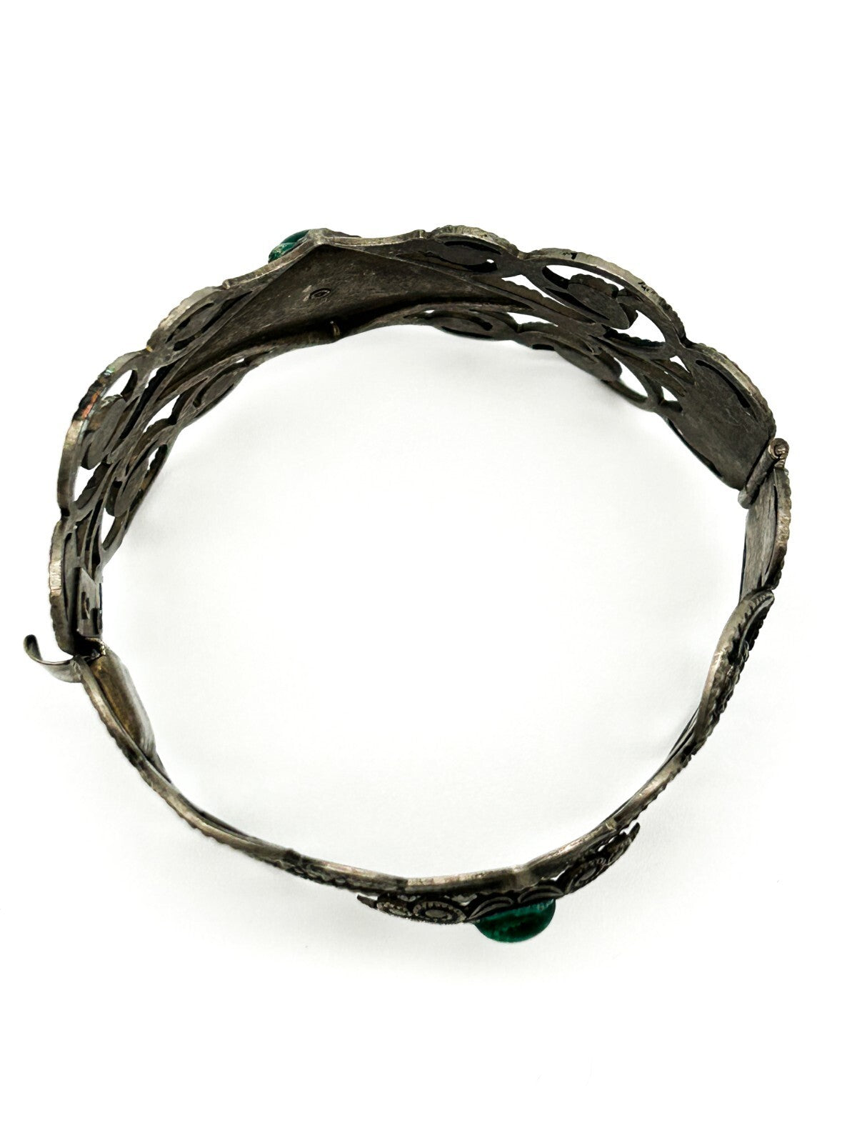 Vintage Art Deco Revival Ornate Silver Tone Hinged Bangle Green Cabochon Filigre