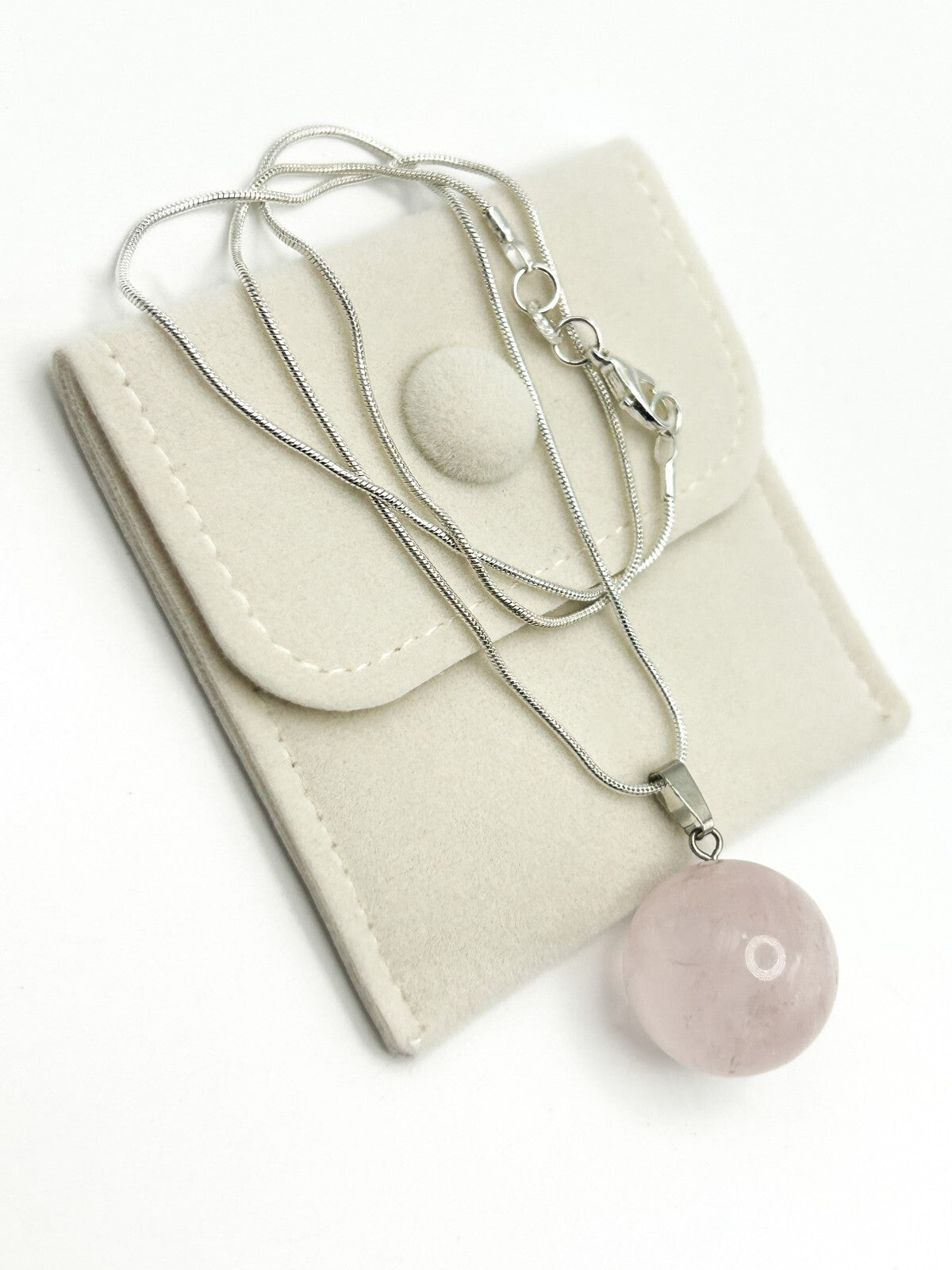 Rose Quartz Sphere Pendant Necklace on Silver Tone Snake Chain Semi Precious Gem
