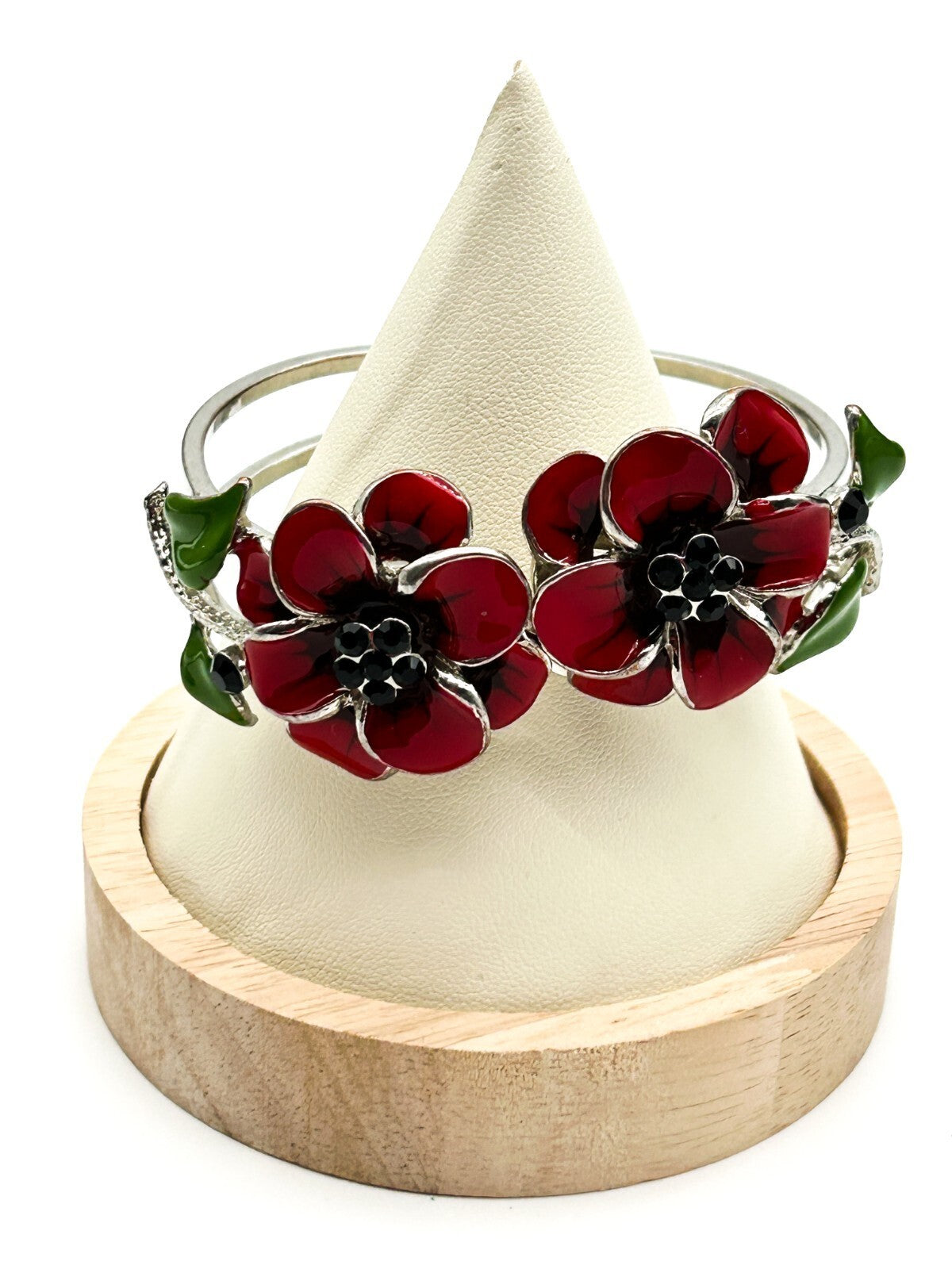 Retro Floral Enamel Bracelet Red Flower Snap Bangle Poppy Silver Tone Statement