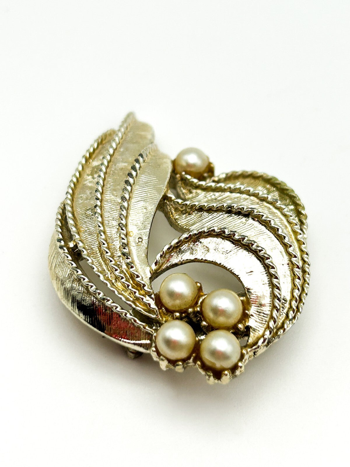 Vintage Gold Tone Faux Pearl Textured Art Nouveau Style Abstract Brooch