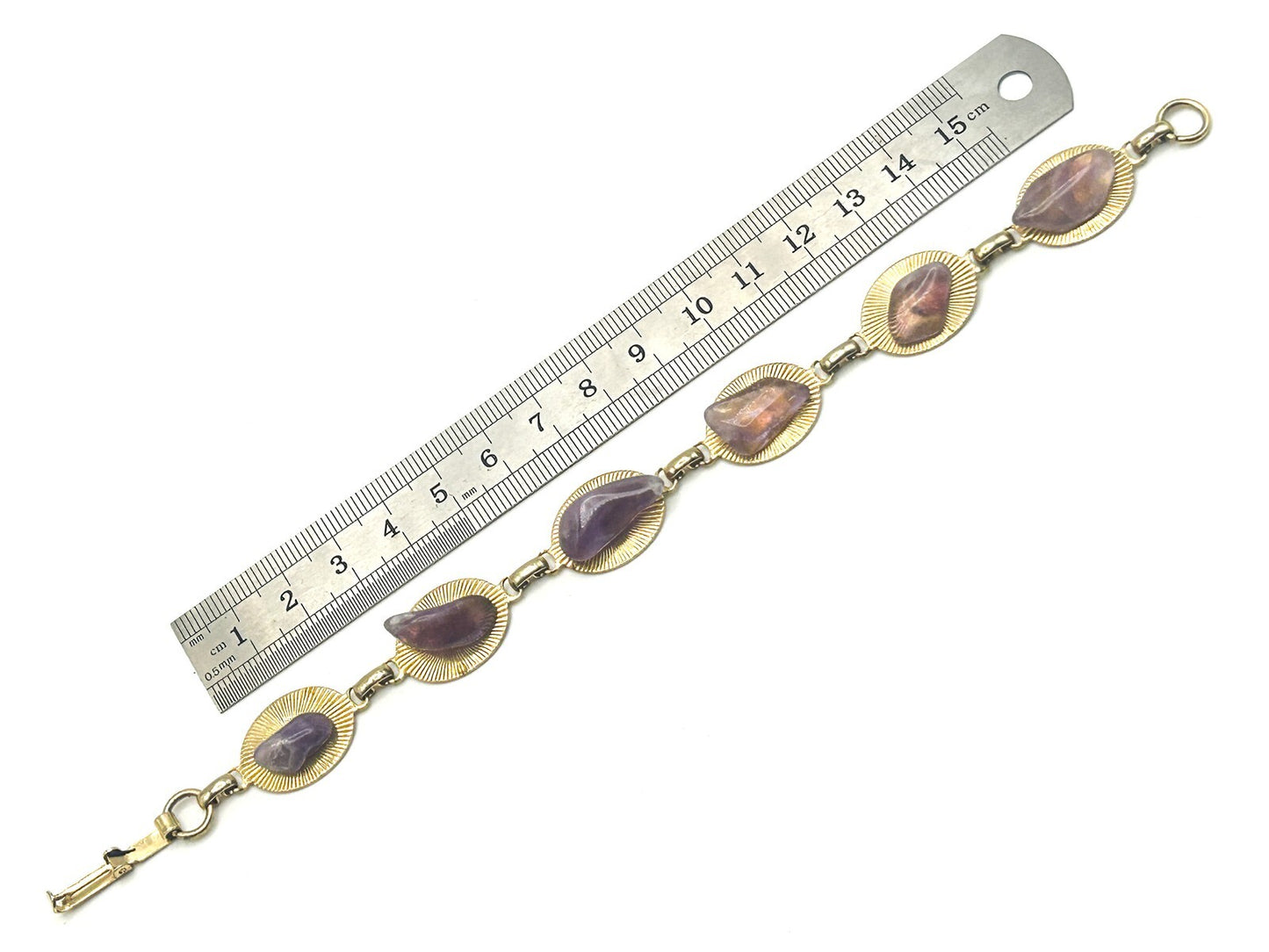Vintage Gold Tone & Amethyst Nugget Link Bracelet – 8”