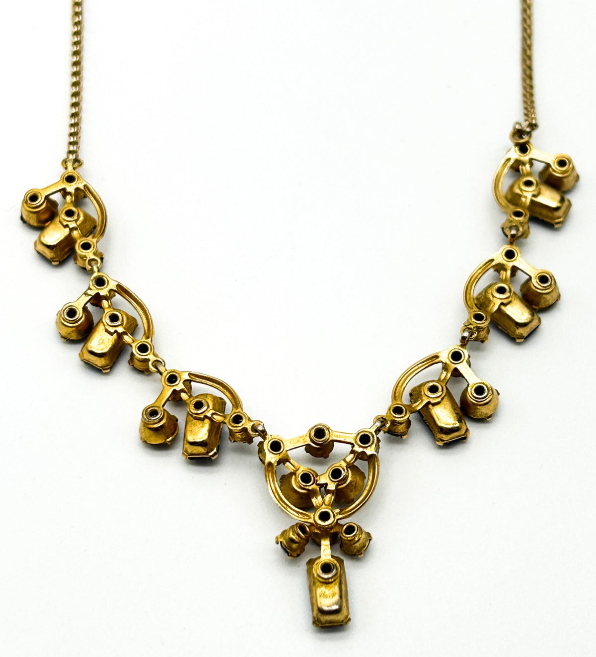 Vintage Blue Rhinestone Necklace Gold Tone Baguette Crystal Statement 1930s-50s