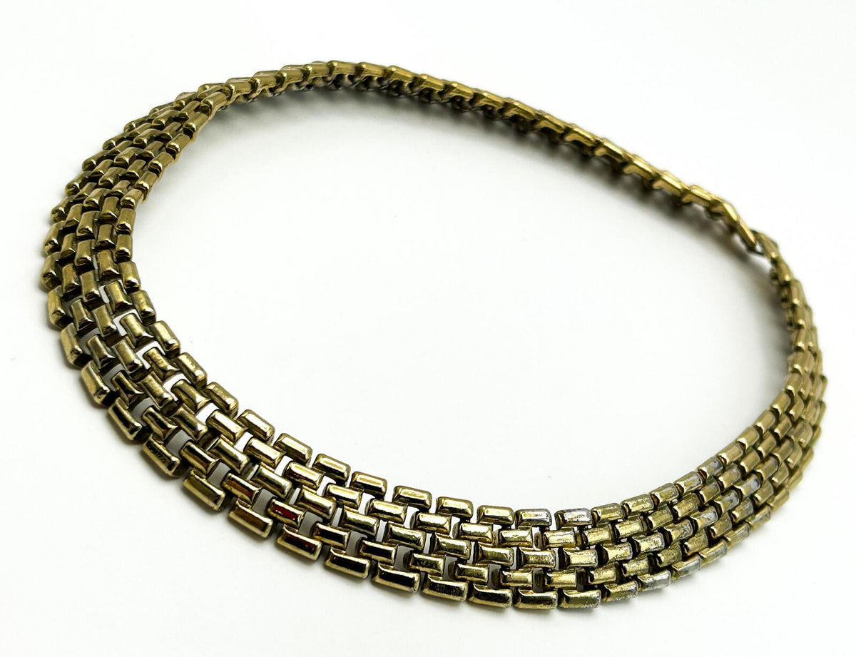 Chunky Vintage Gold Tone Basket Weave Chain Collar Necklace 17.5”