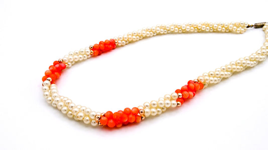 Vintage Angel Skin and Faux Pearl Necklace - Coral, Cream, Beaded