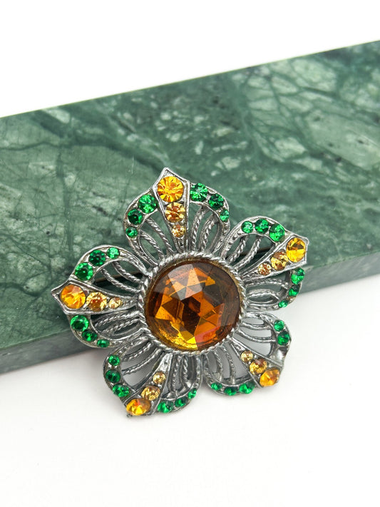 Vintage 1940s Rhinestone Flower Brooch Amber Green Glass Silver Tone