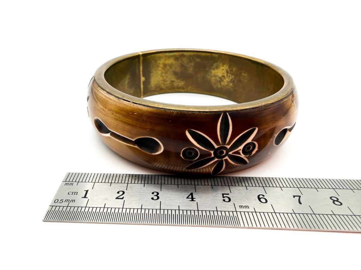 Vintage Brass & Carved Organic Material Floral Bangle Bracelet