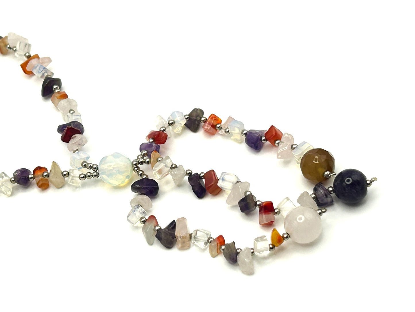 Gemstone Chip Necklace Tassel Drop Amethyst Carnelian Quartz Boho 18”