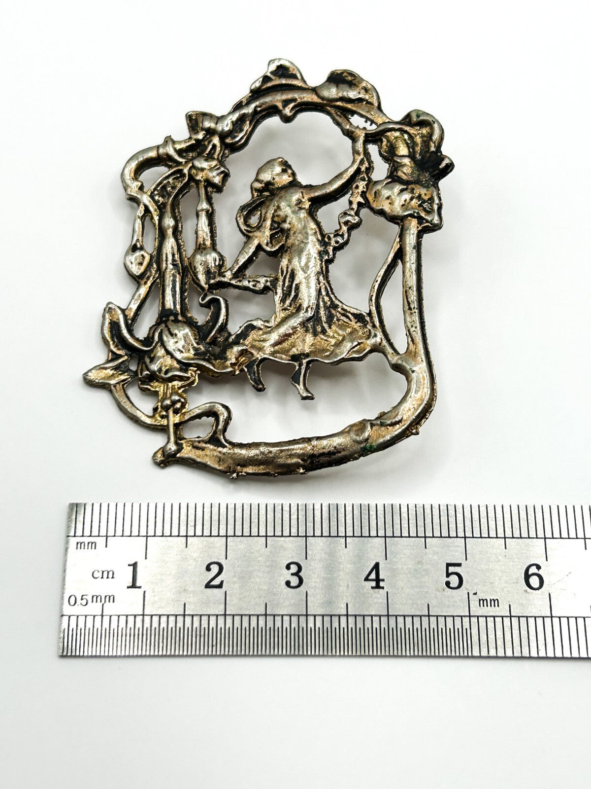 Vintage Art Nouveau Revival Lady Brooch Figural Woman Floral Openwork Gold Tone