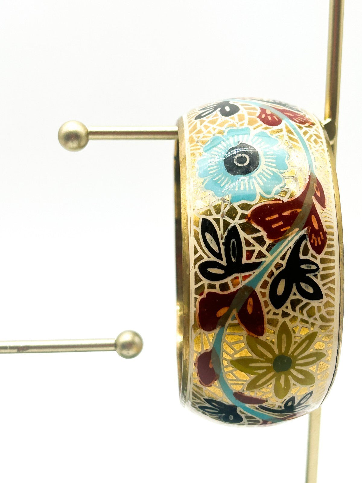 Vintage Brass Bangle Blue Red Painted Floral Statement Bracelet Gold tone Retro