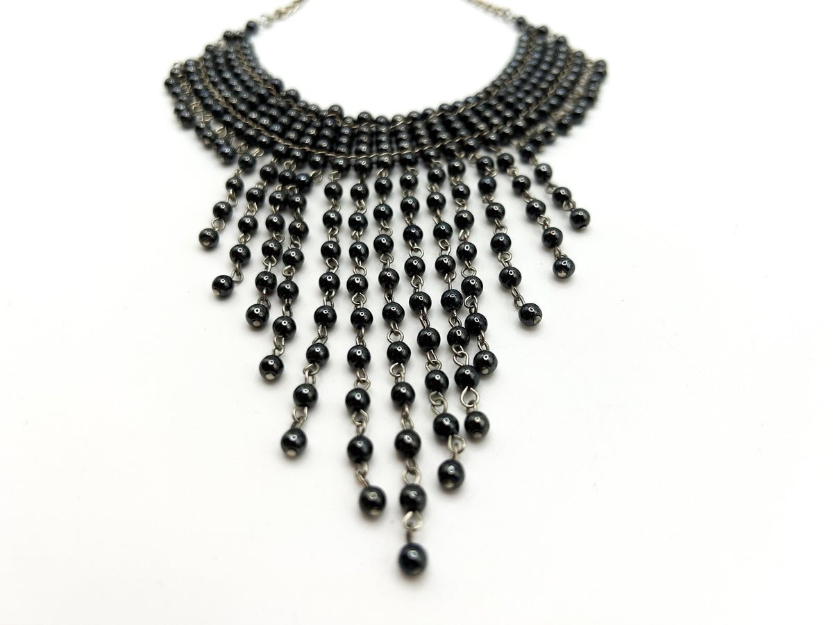 Gunmetal Glass Faux Pearl Tassel Choker Necklace – 34g