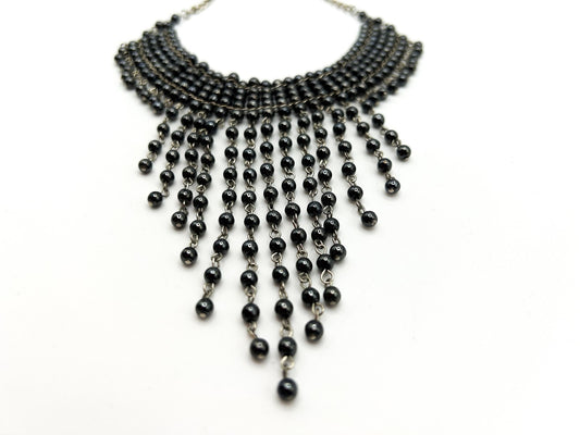 Gunmetal Glass Faux Pearl Tassel Choker Necklace – 34g