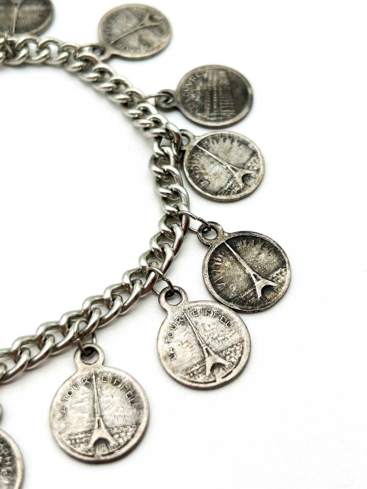 Vintage Paris Souvenir Coin Charm Bracelet with Eiffel Tower & Notre Dame Charms