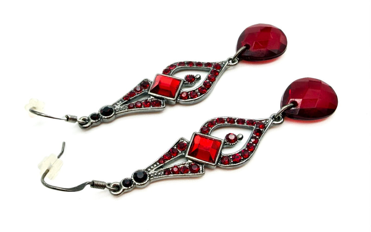 Art Deco Style Gothic Red Rhinestone Drop Earrings Gunmetal Teardrop Dangle