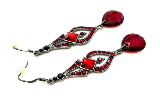 Art Deco Style Gothic Red Rhinestone Drop Earrings Gunmetal Teardrop Dangle