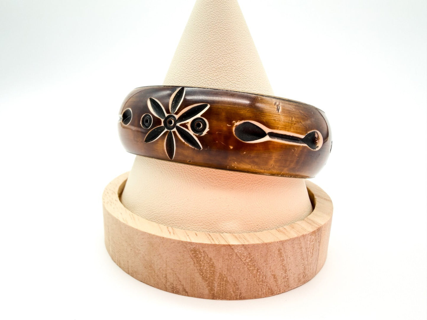 Vintage Brass & Carved Organic Material Floral Bangle Bracelet
