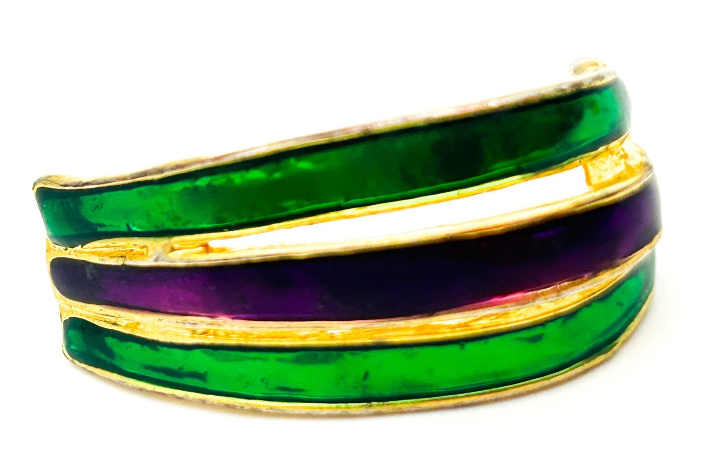 Vintage Dolphin Ore Enamel Earrings Green Purple Gold Tone Curved Statement