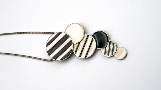 Vintage Enamel Stripe Pendant Necklace - 80s Style Retro Black Cream - 22 in