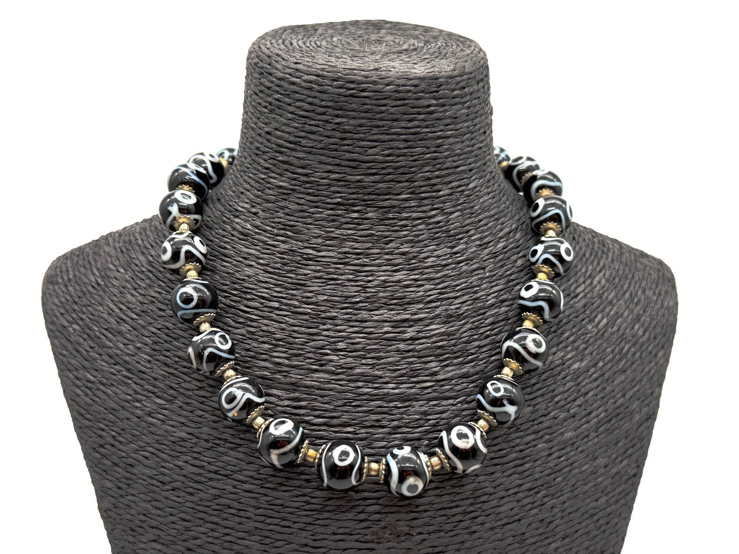 Vintage Black White Dzi Style Necklace Tibetan Bead Statement Glass 17”