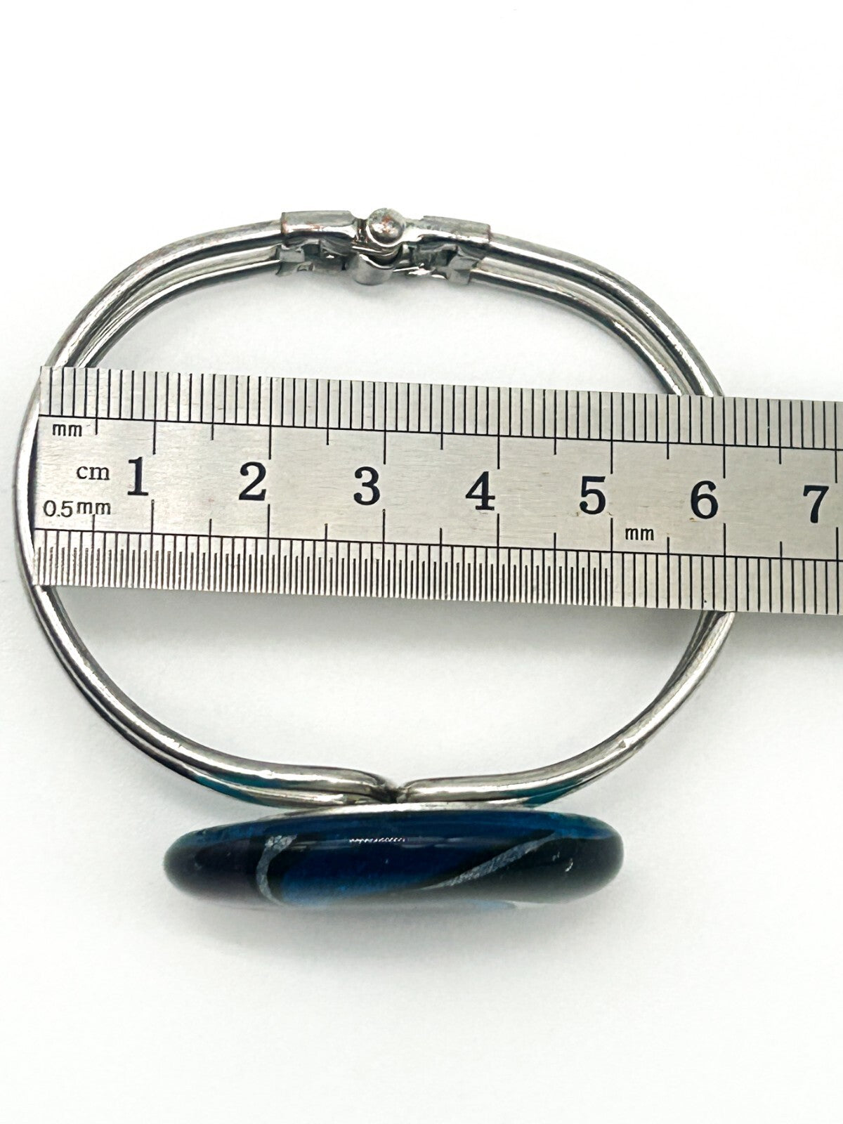 Art Glass Swirl Bangle Blue Pink Silver Hinged Statement Bracelet