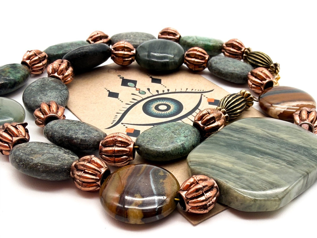 Boho Green Jasper Necklace Faceted Centrepiece Mixed Bead Statement