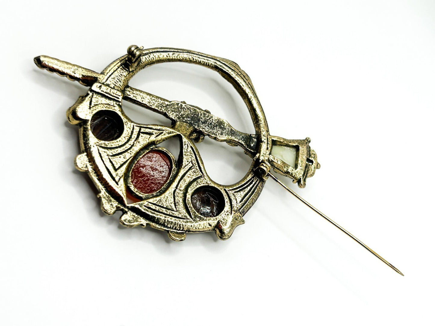 Miracle Celtic Brooch Vintage Faux Carnelian Agate Glass Penannular Cloak Pin