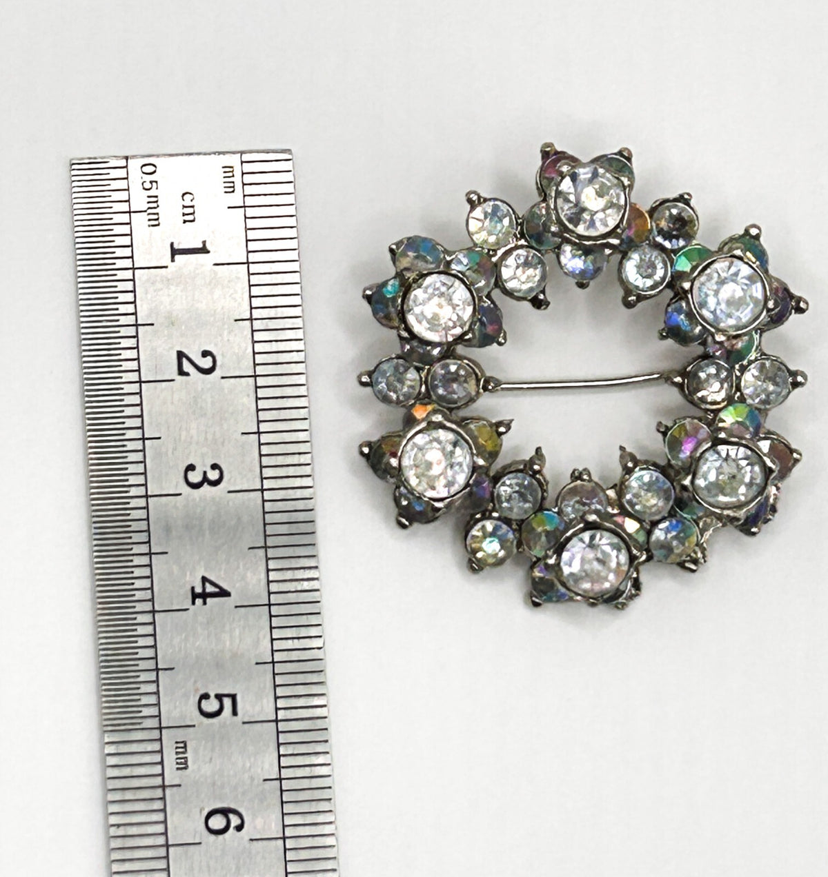 Vintage Aurora Borealis Rhinestone Wreath Brooch AB Crystal Silver Tone 1960s