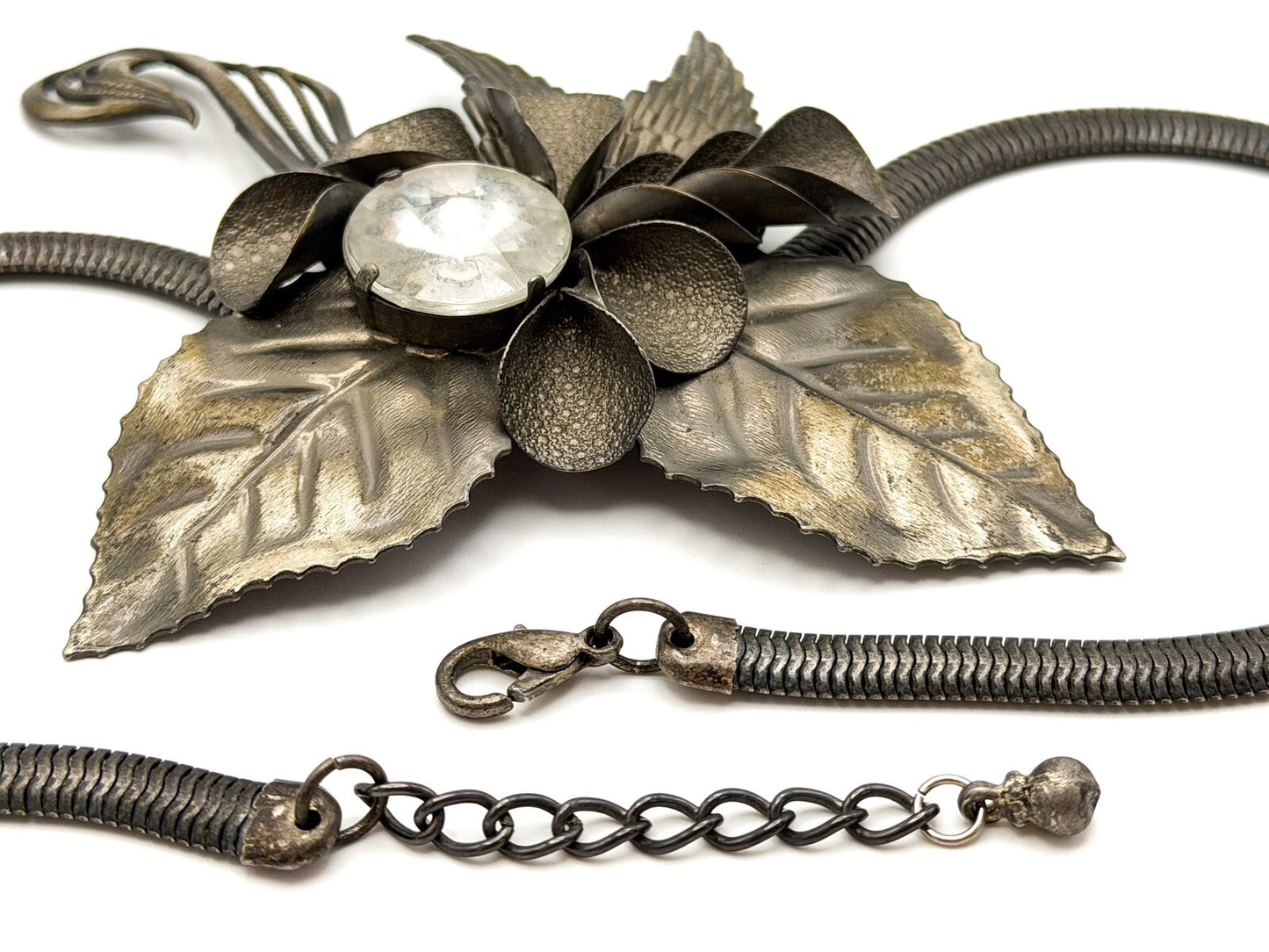 Art Nouveau Style Floral Leaf Statement Necklace with Swirl & Rhinestone Detail