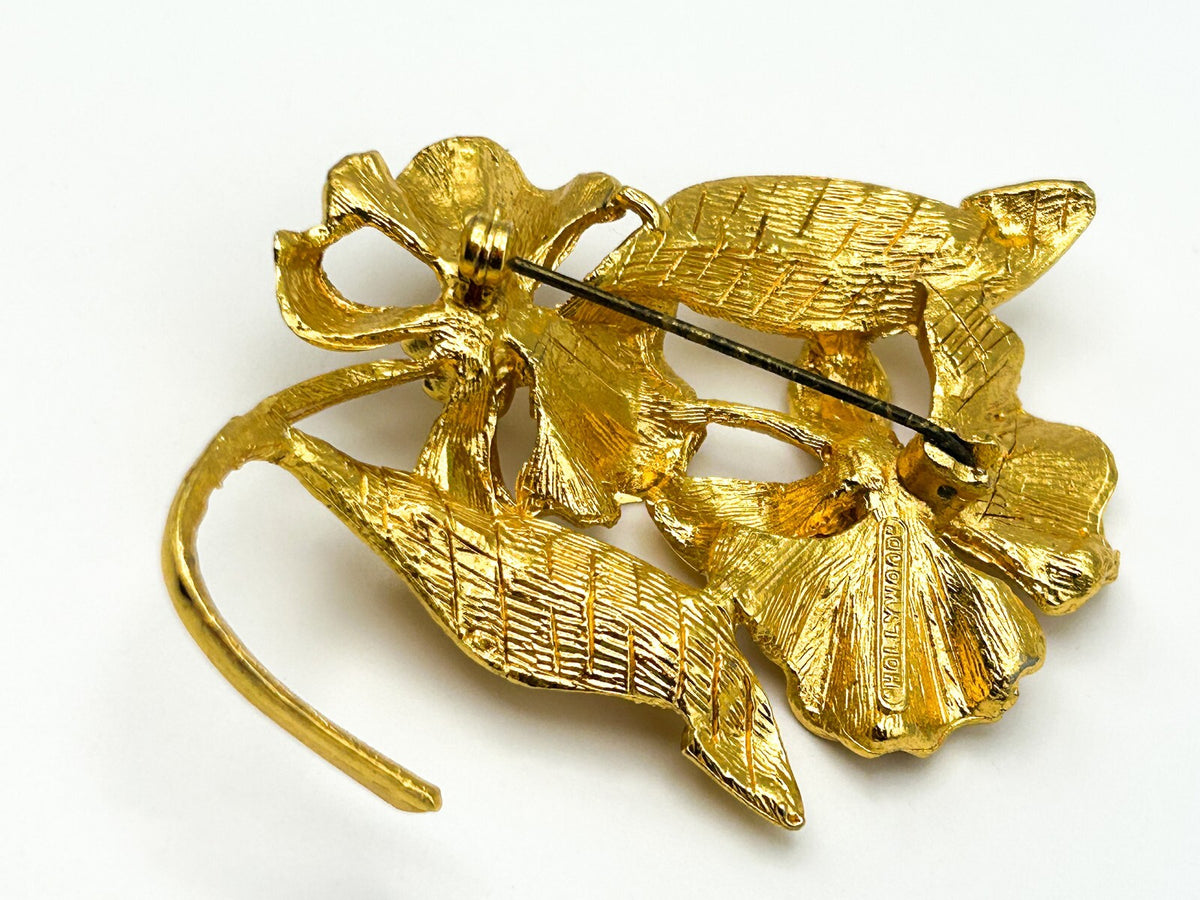 Vintage Hollywood Flower Brooch Gold Tone Textured Floral Spray Pin