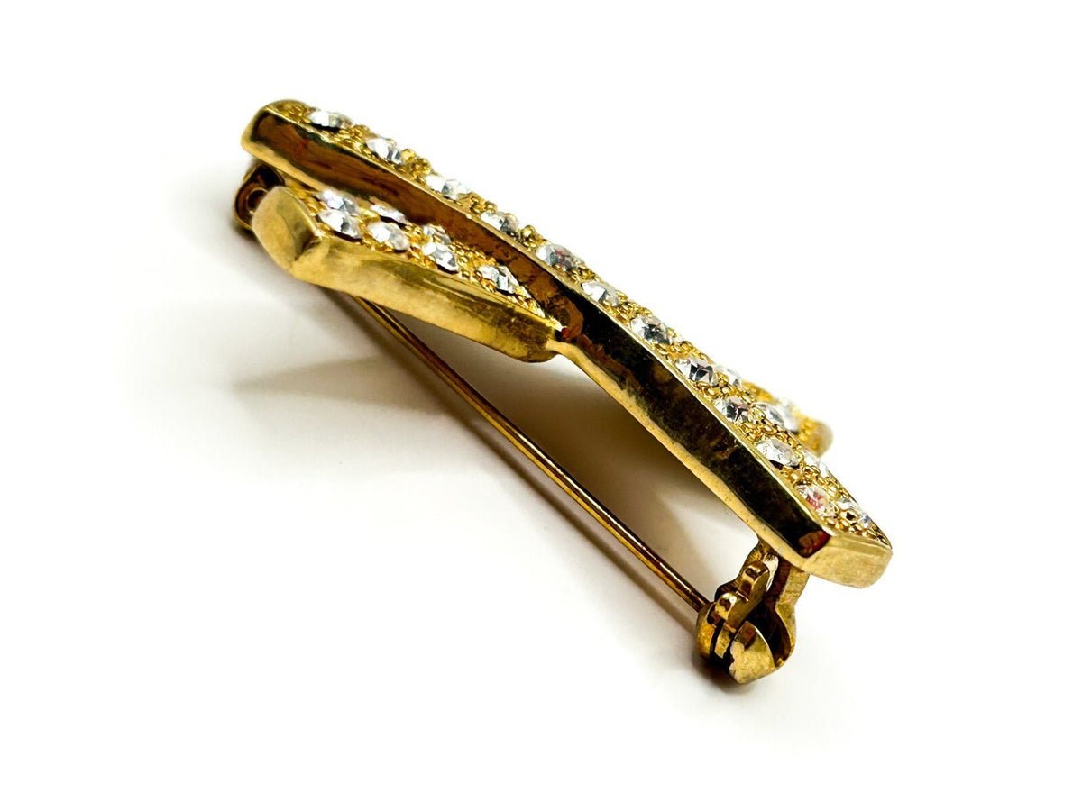 Vintage Gold Tone Rhinestone X Brooch Pavé Crossed Ribbon Statement Pin Retro