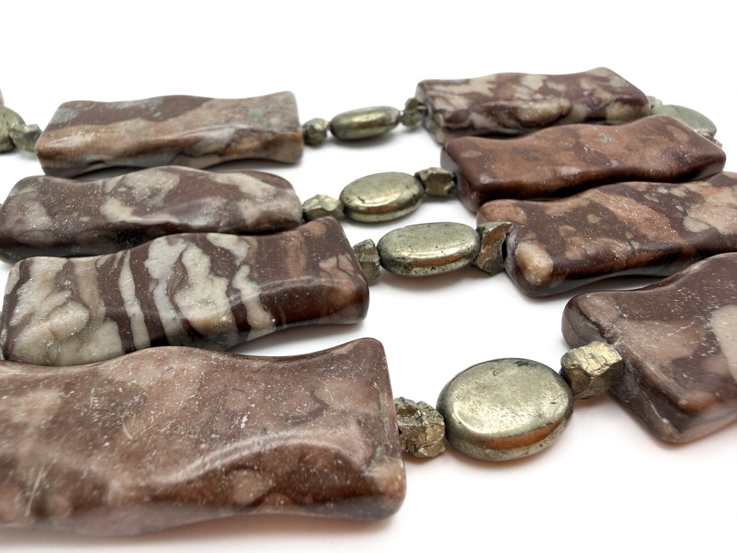 Chunky Carved Jasper Necklace Semi Precious Pyrite & Hematite - Gemstone Boho