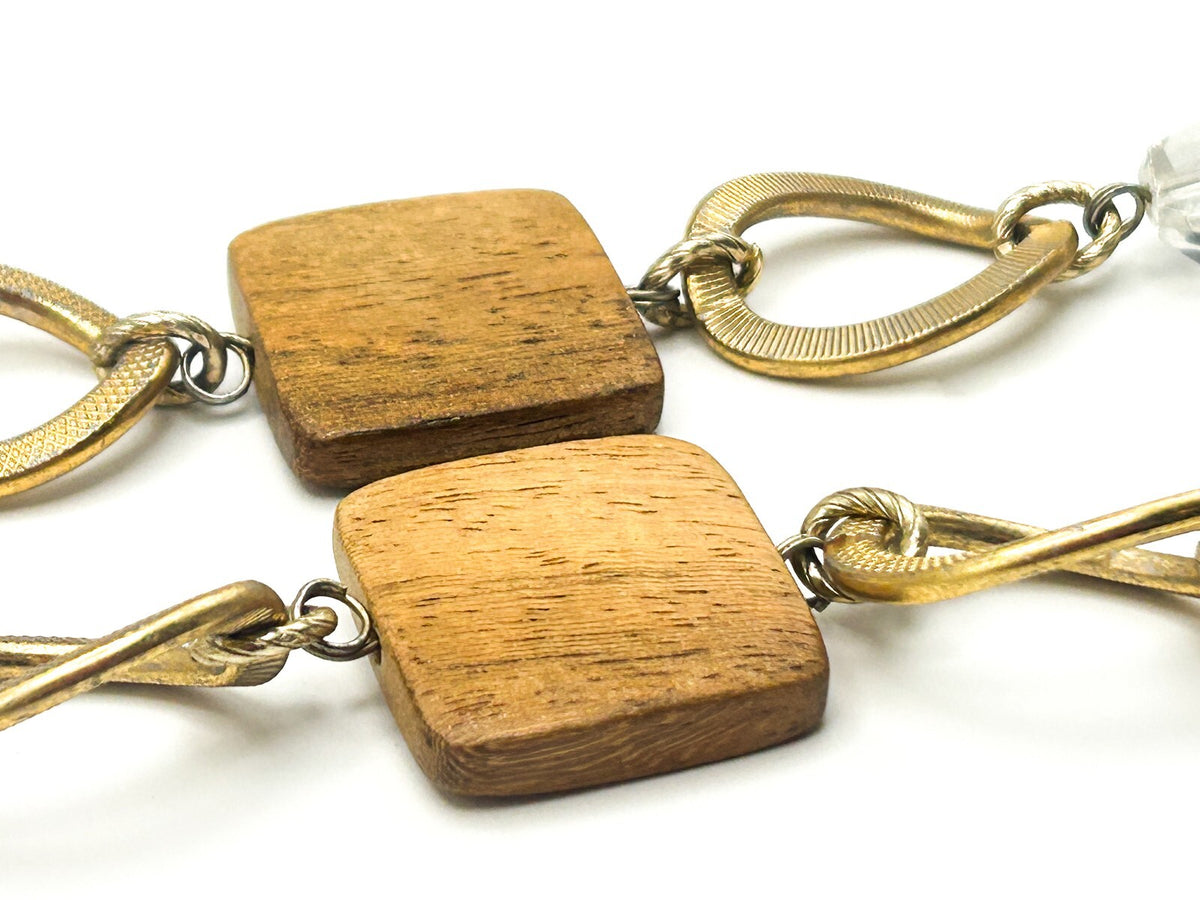 Long Linked Wood, Gold Tone & Clear Acrylic Statement Necklace