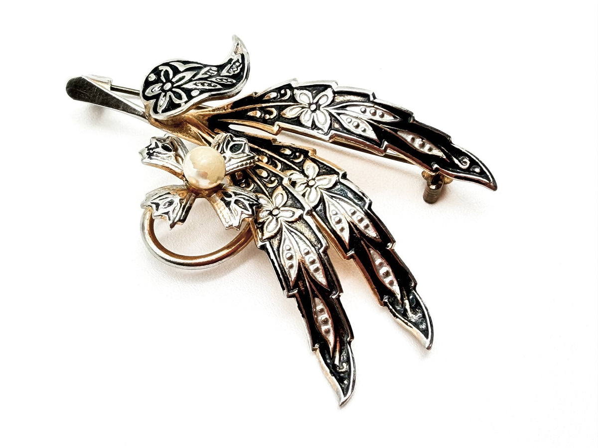 Toledo Damascene Leaf Brooch Gold Inlay Floral Vintage Spanish Pin 5.5cm