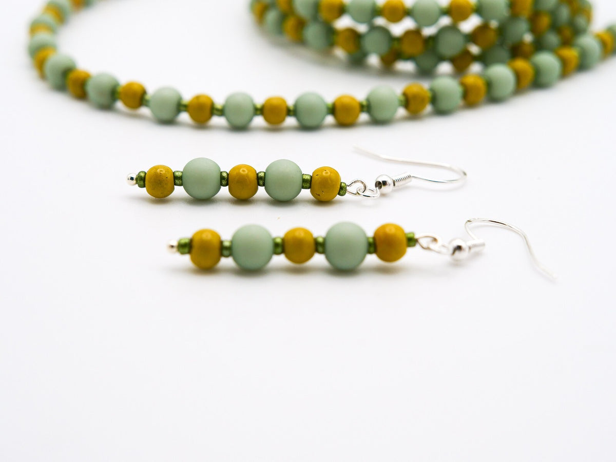 Green Yellow Beaded Handmade - Earring, Necklace & Bracelet Set