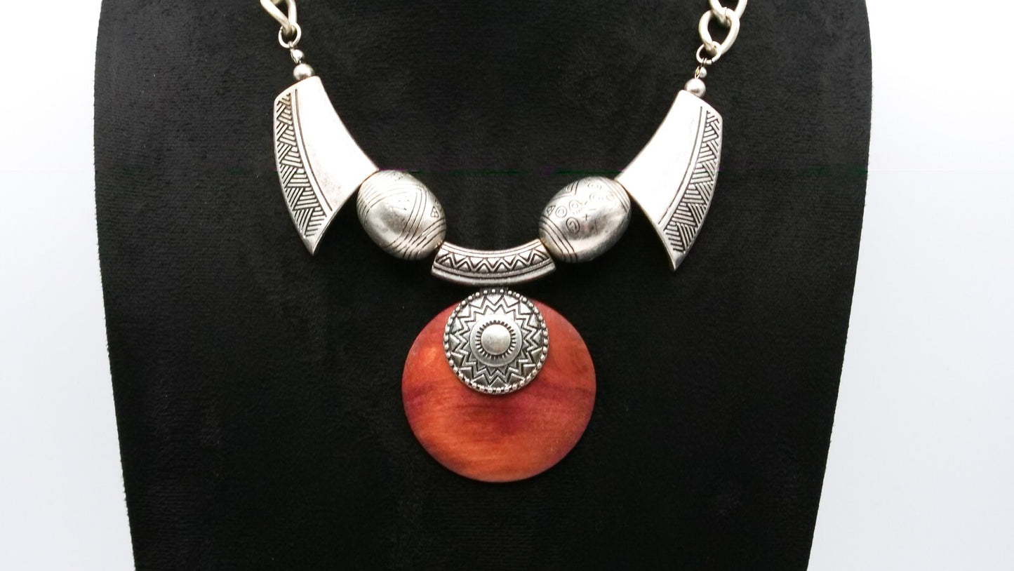 Boho Wood Disc & Silver Collar Statement Necklace