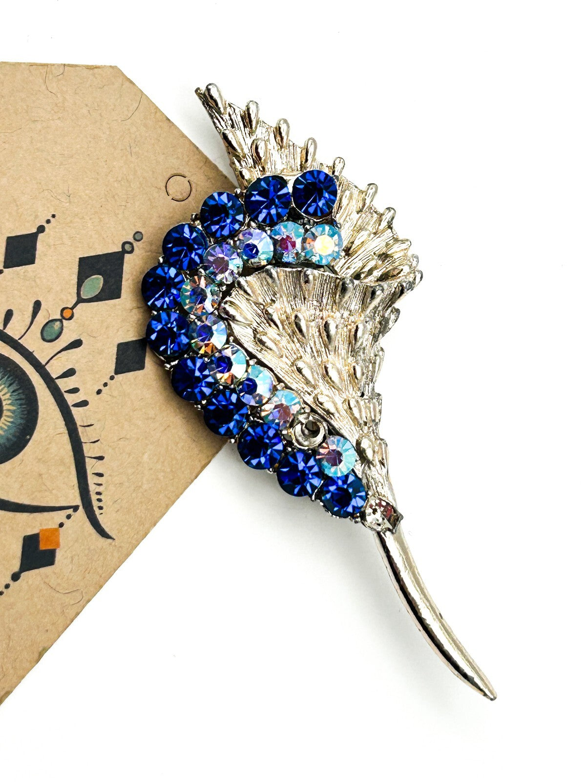 Vintage Style Blue Rhinestone Floral Spray Brooch Silver Tone Flower Statement
