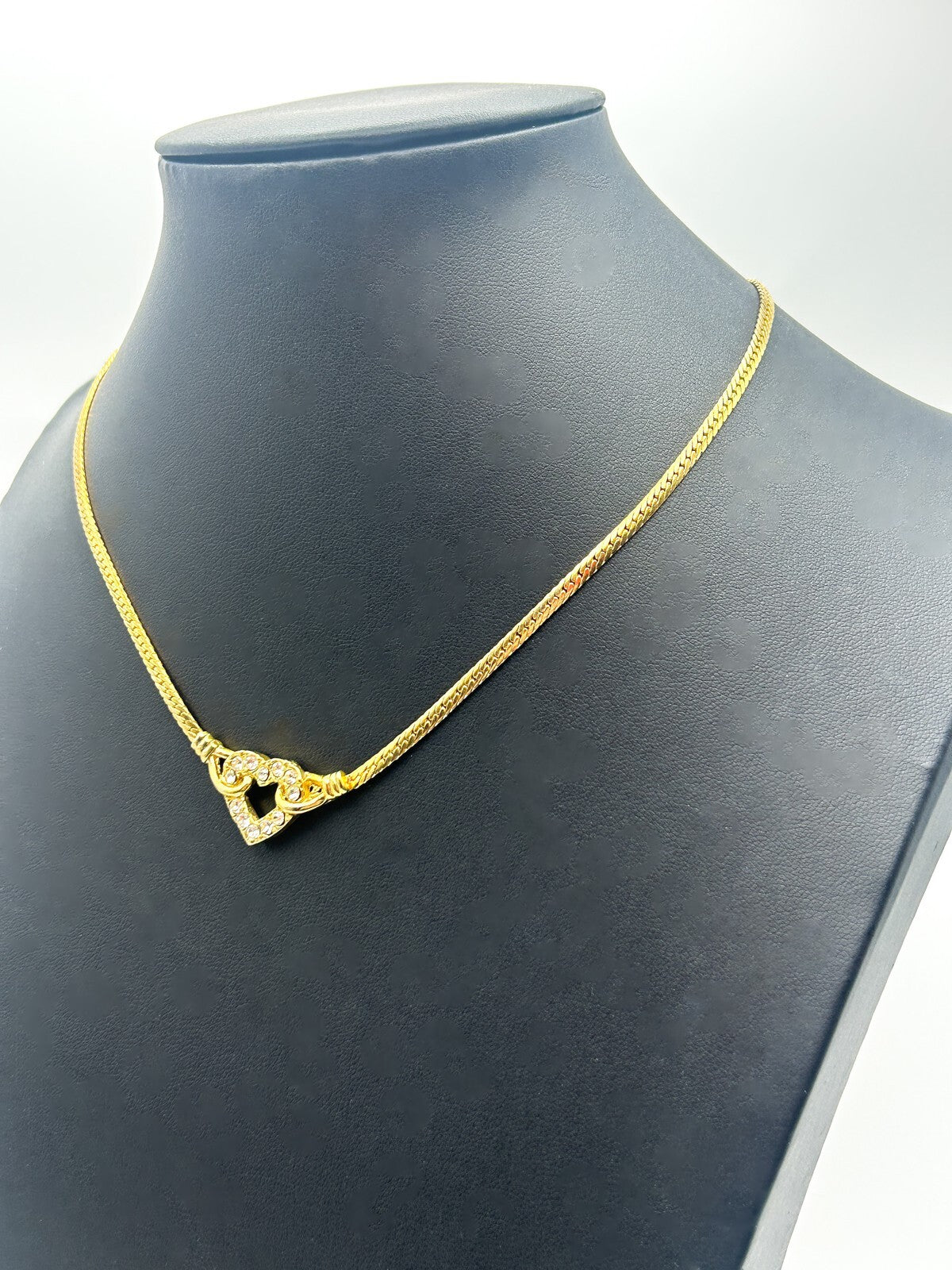 Gold Tone Herringbone Chain Necklace Small Heart Rhinestone Pendant 15”
