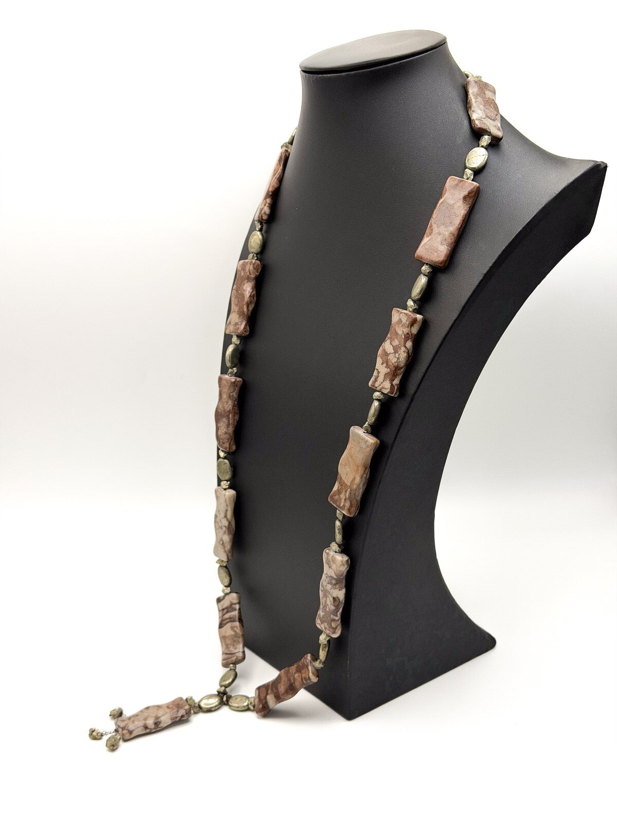 Chunky Carved Jasper Necklace Semi Precious Pyrite & Hematite - Gemstone Boho