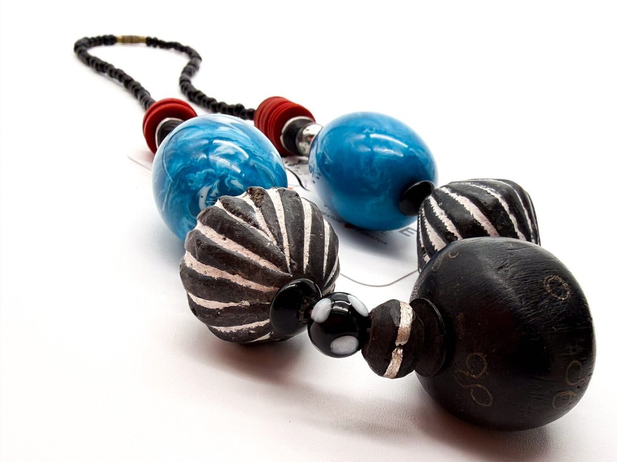 Chunky Blue Black Statement Necklace Carved Clay Beads Ethnic Style Wood 22”