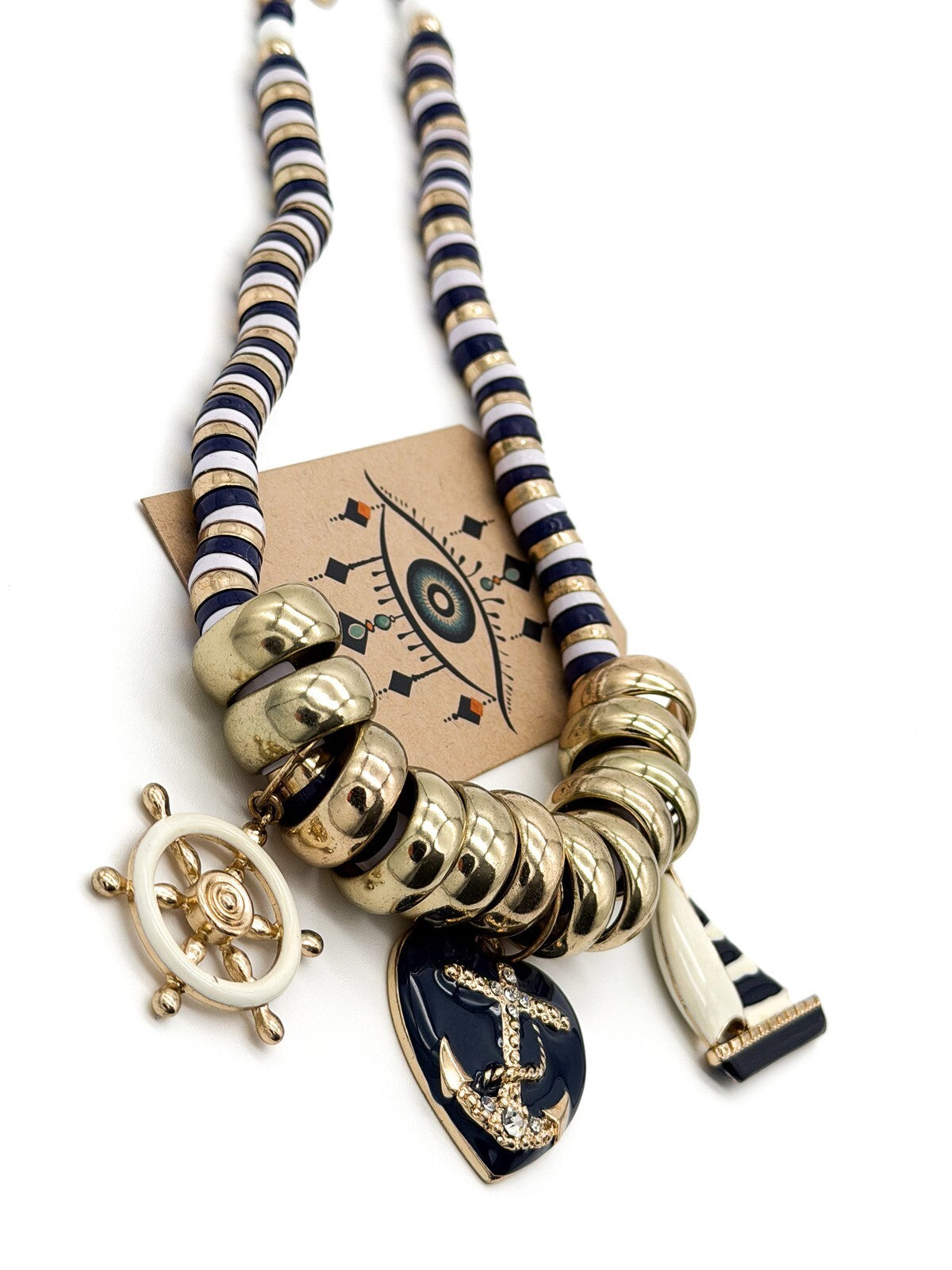Y2K Nautical Charm Necklace Gold Tone Enamel Anchor Sailboat Statement Summer