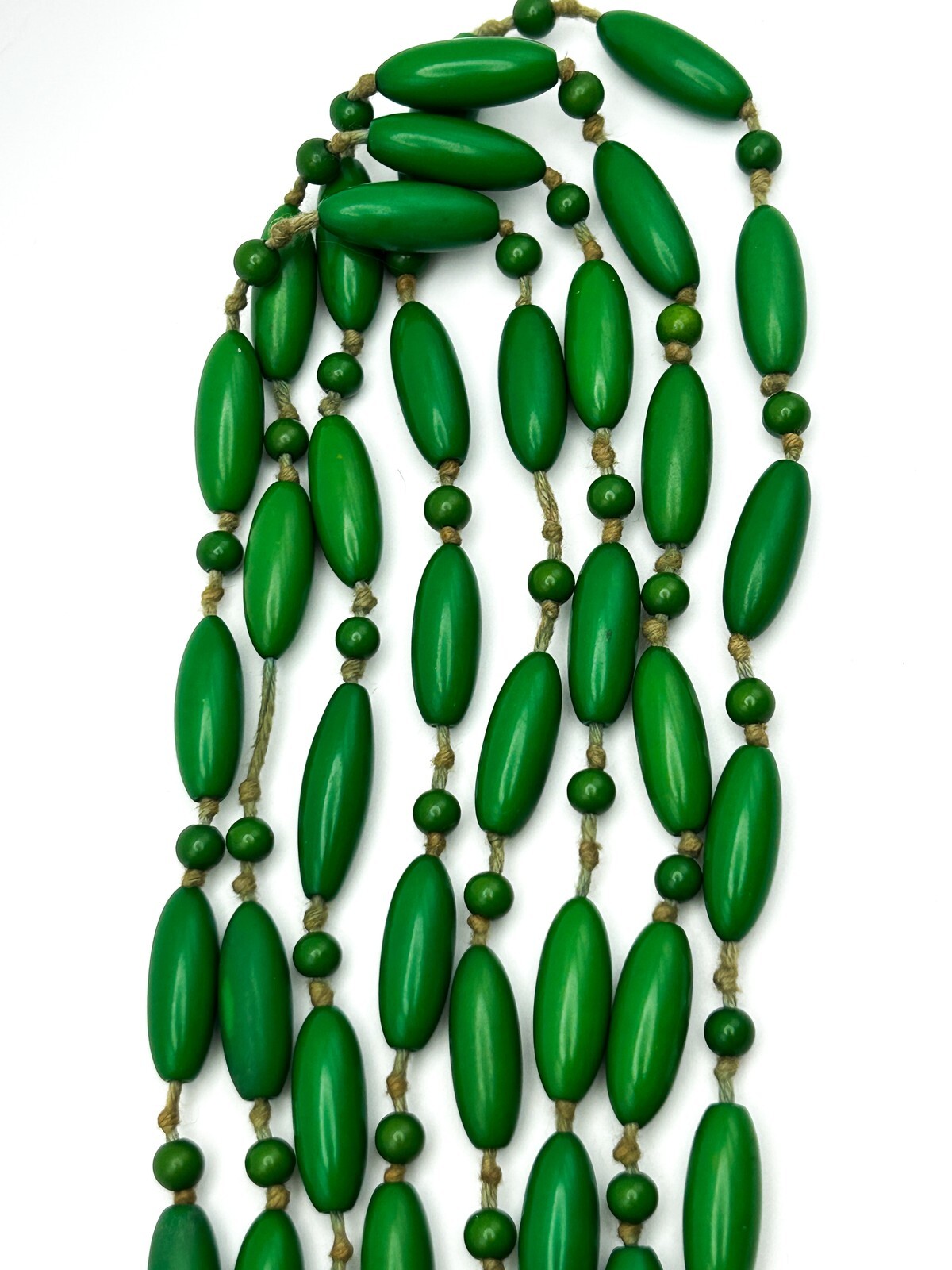 Pair of Vintage Early Plastic Green Hand-knotted Beaded Necklaces