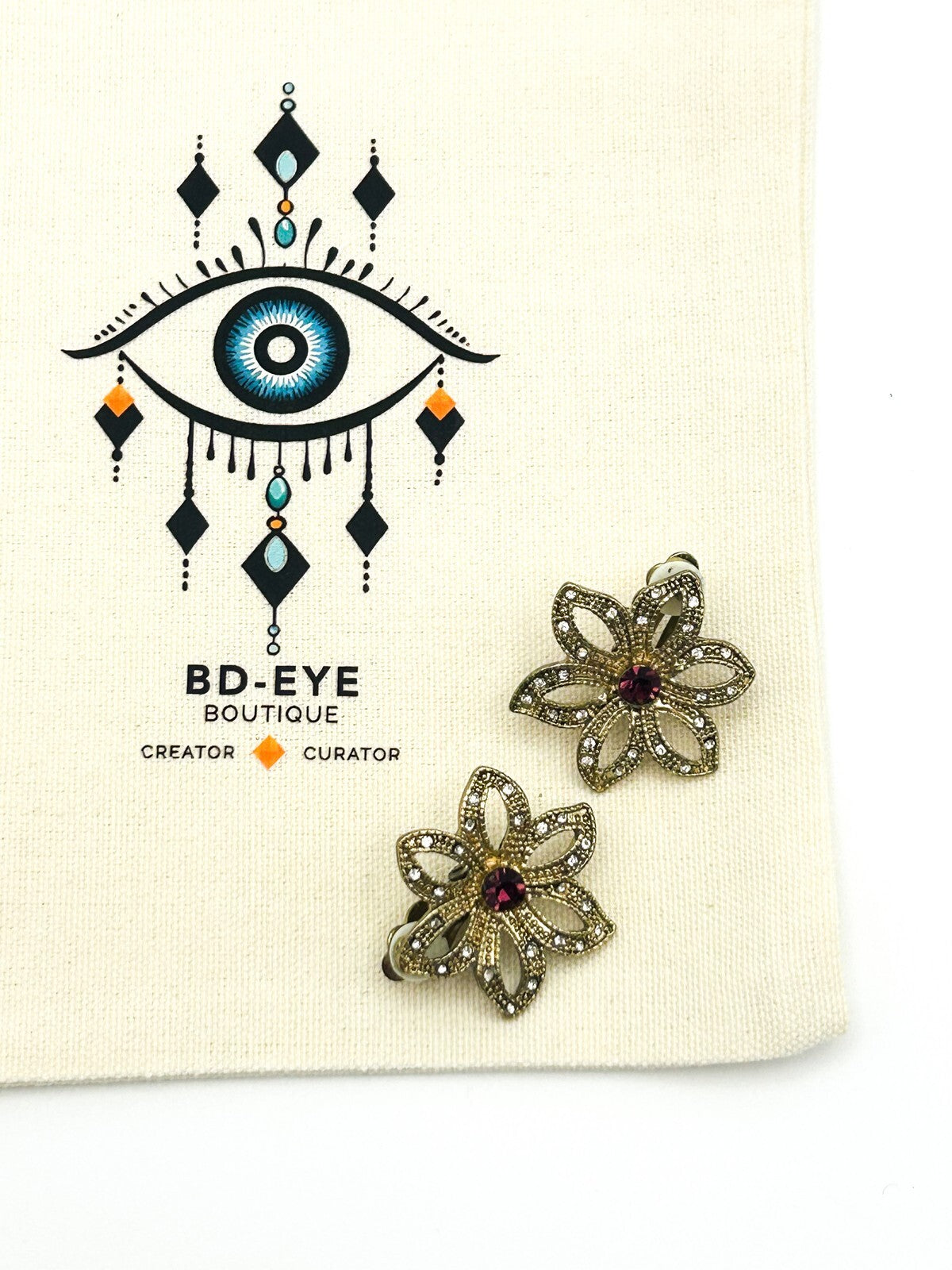 Vintage Gold Tone Flower Clip-On Earrings with Purple Pink Stone Centre