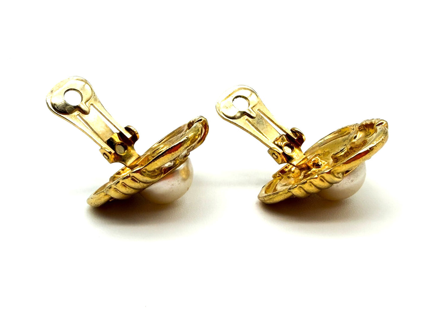 Vintage Gold Tone Faux Pearl Rhinestone Clip On Earrings Statement 1980s Retro