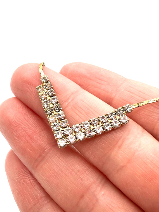 Vintage Gold Tone Clear Rhinestone V Chevron Necklace Double Row Dainty 15.5”