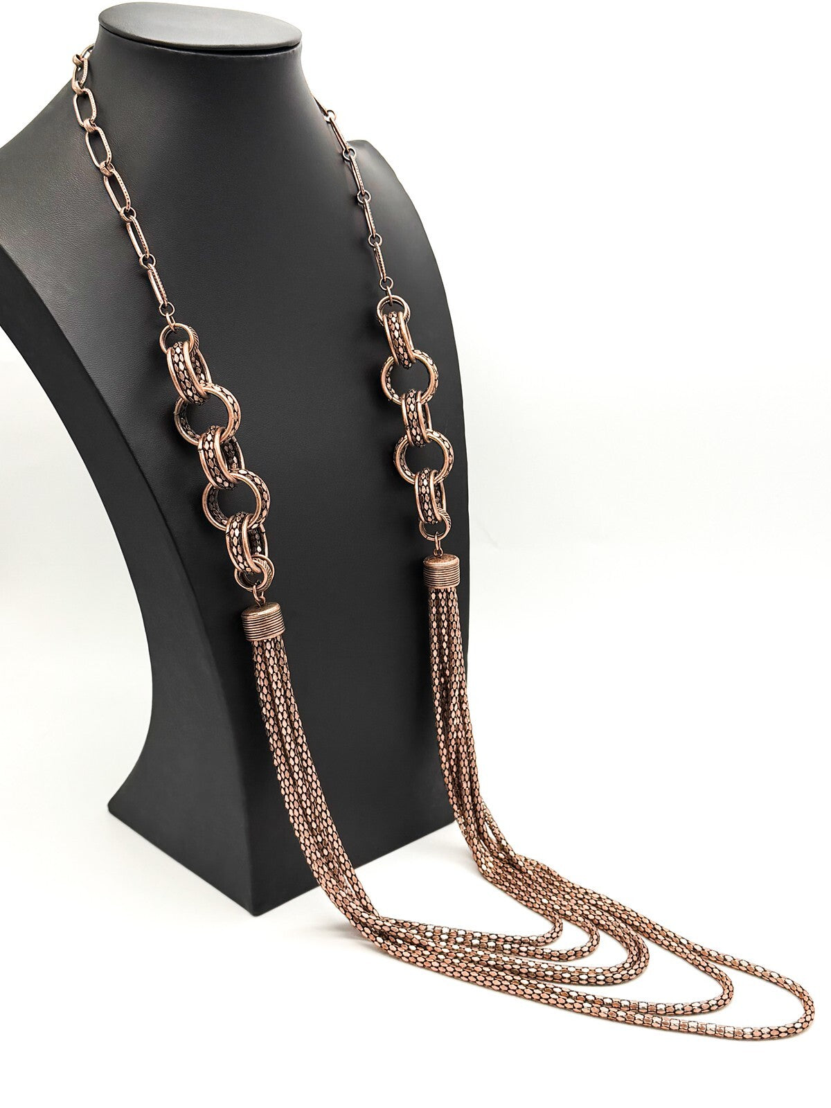 Bronze Tone Multi-Chain Statement Necklace – Paperclip & Mesh Layers, 37”