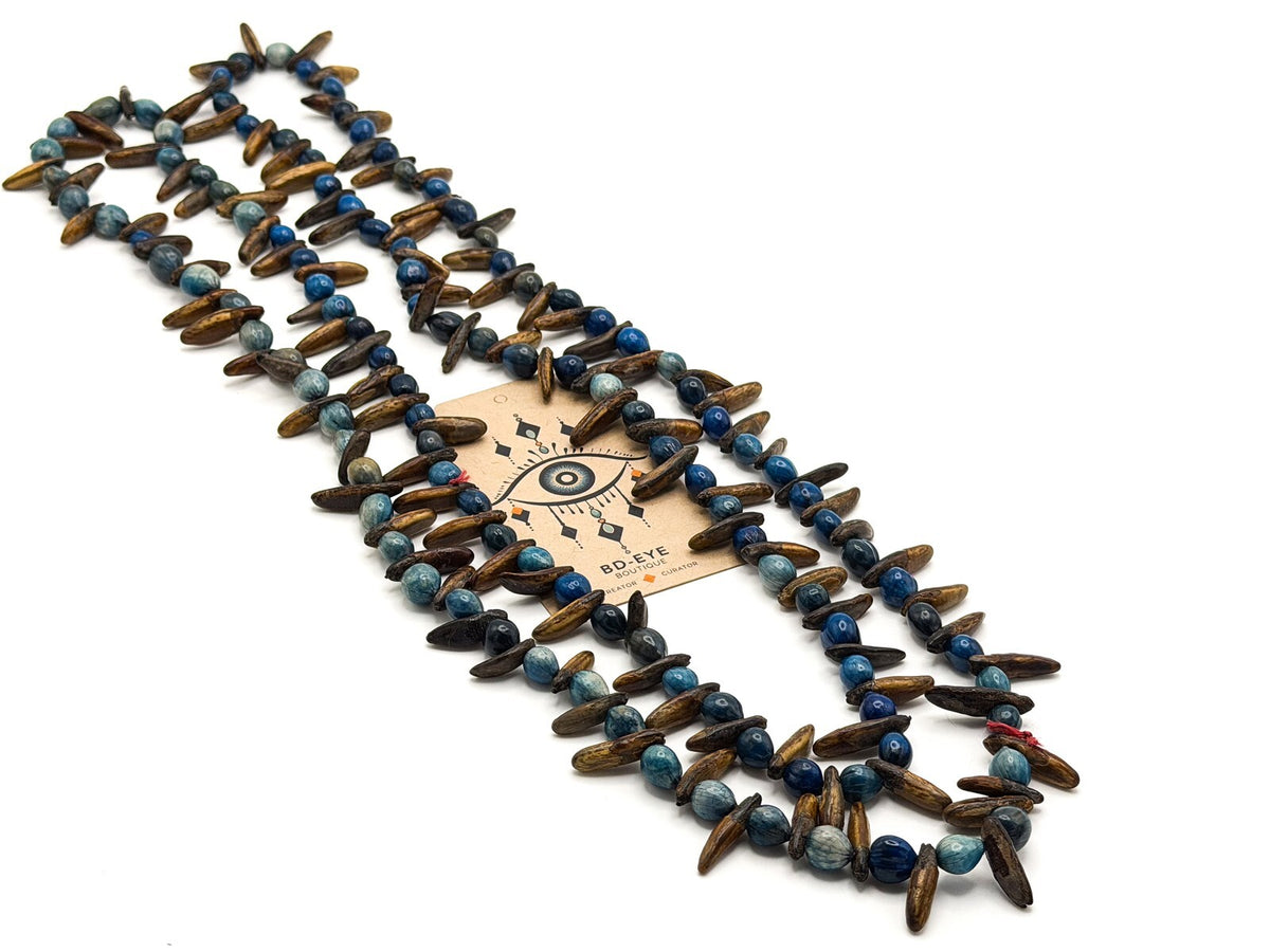 Blue & Brown Dyed Seed Long Boho Necklace