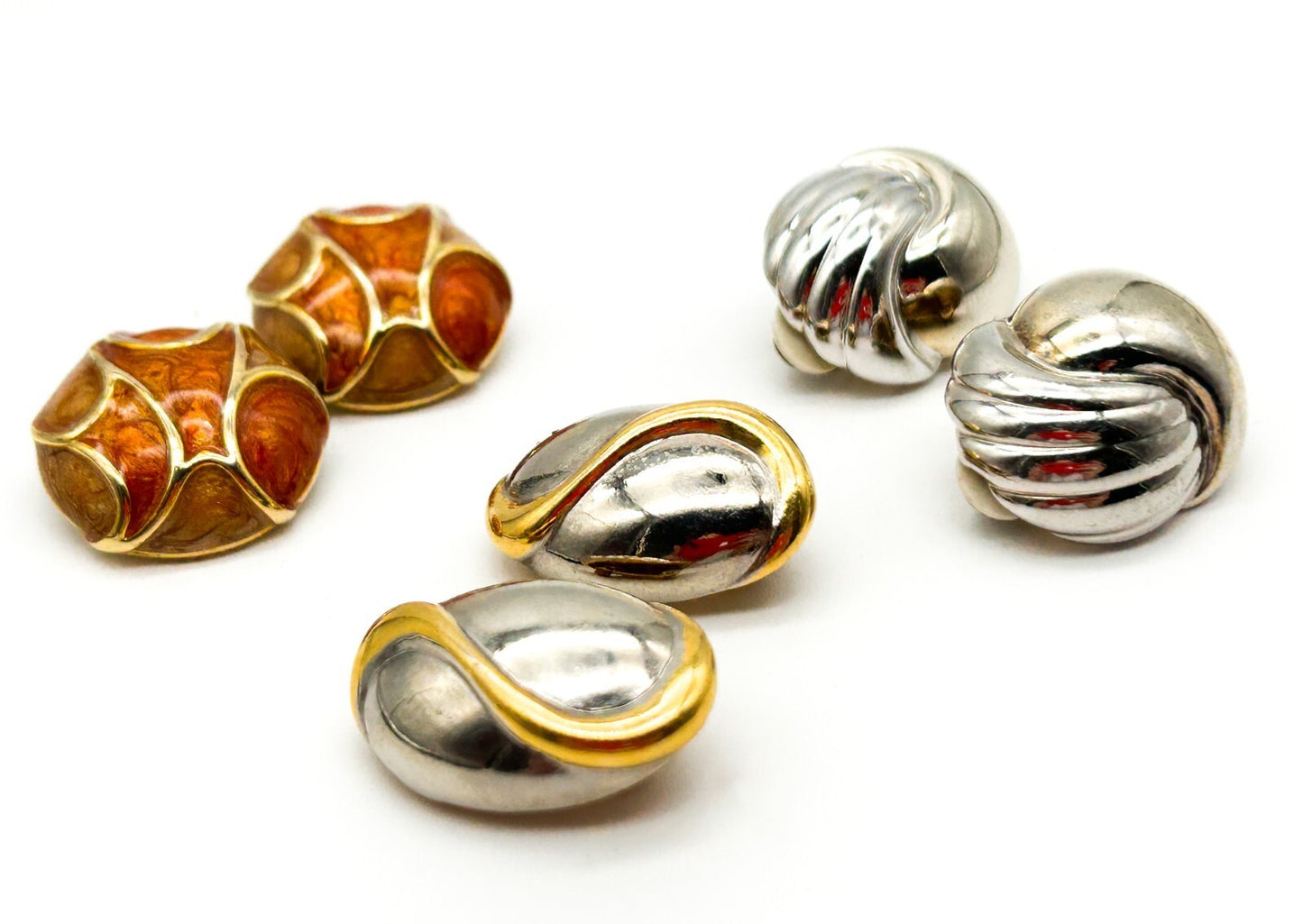 Vintage Chunky Gold and Silver Tone and Enamel Clip On Earrings Bundle 80s Retro